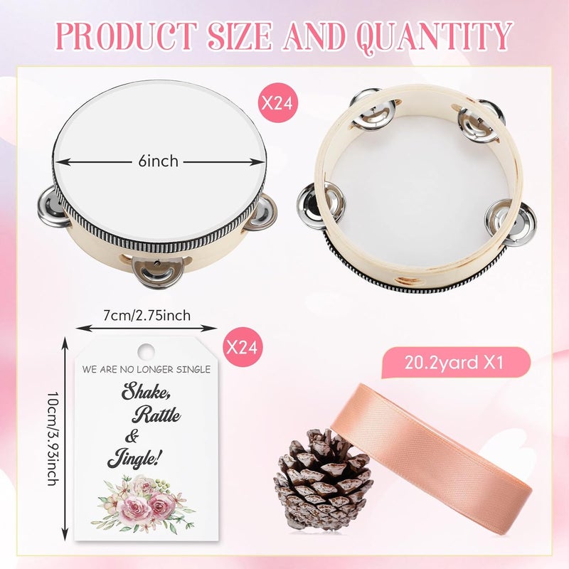 Lukmaa 24 Set 6 Inch Tambourine for Adults Tambourines Bulk Wooden Hand Held Drum with Metal Jingles, Gift Tags, Beige Ribbon Percussion Gift Musical Instrument for Church Wedding Party Favor - Image 2